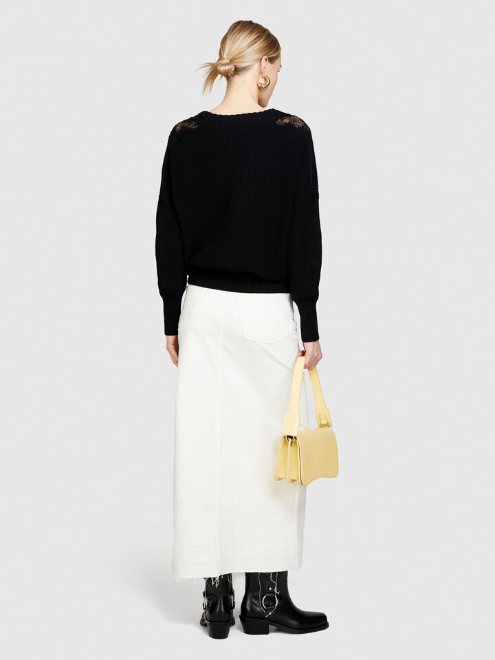 Sweater with lace - women's v-neck sweaters - Black | Sisley image number 3